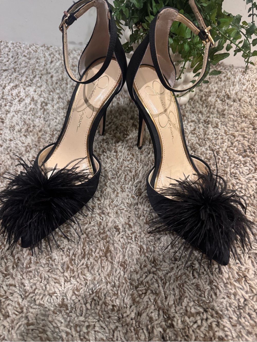 Jessica Simpson Black Feather Pom Pointed Toe Ankle-Strap Heels